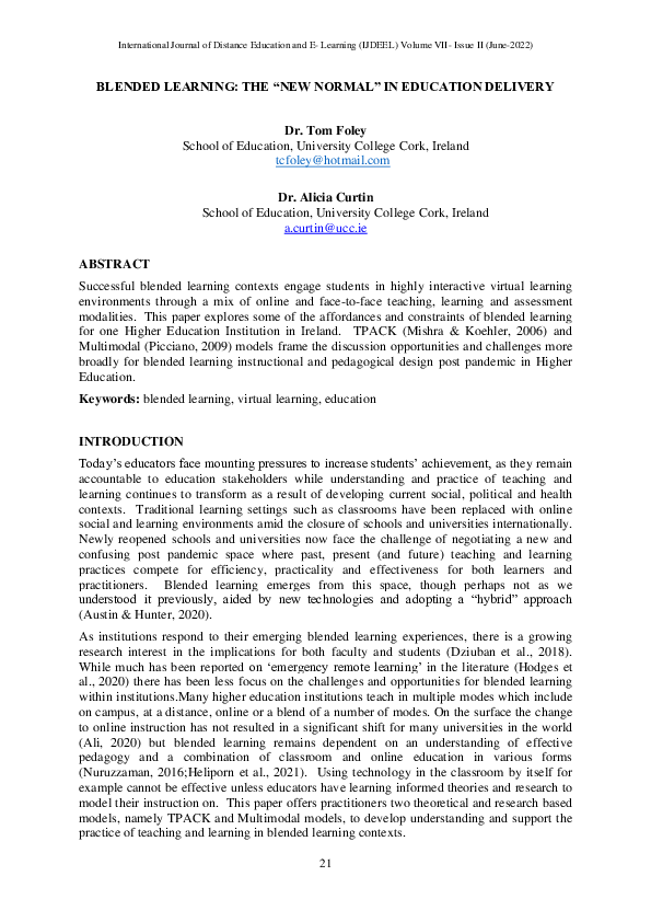 (PDF) Blended Learning: The “New Normal” in Education Delivery