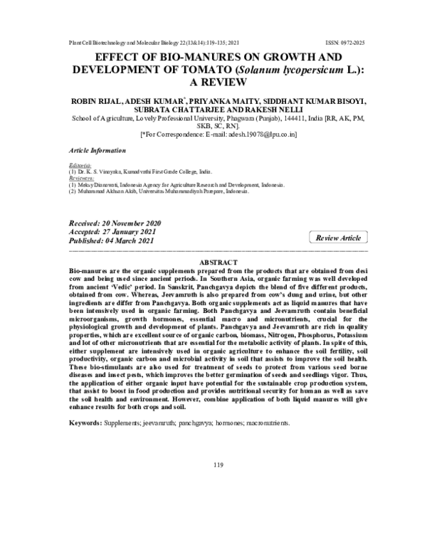 (PDF) EFFECT OF BIO-MANURES ON GROWTH AND DEVELOPMENT OF TOMATO ...
