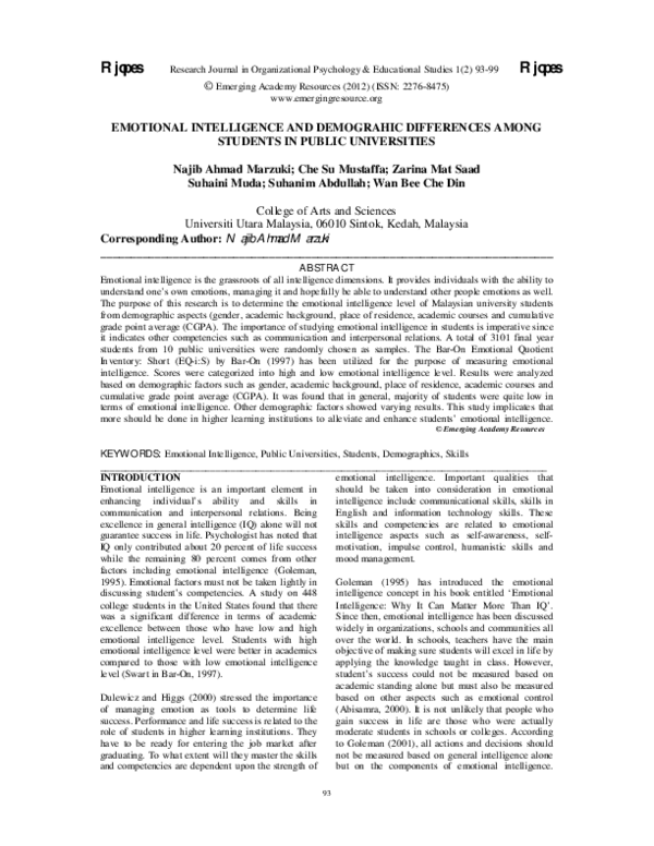 (PDF) Emotional intelligence and demographic differences among students ...