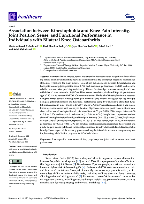 (PDF) Association between Kinesiophobia and Knee Pain Intensity, Joint ...