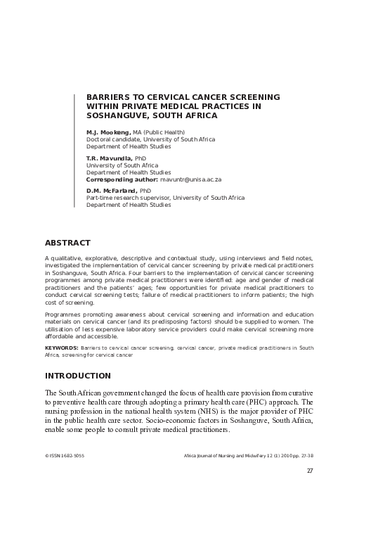 (PDF) Barriers to Cervical Cancer Screening Within Private Medical ...