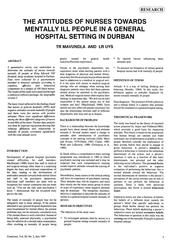 (PDF) The attitudes of nurses towards mentally ill people in a general ...