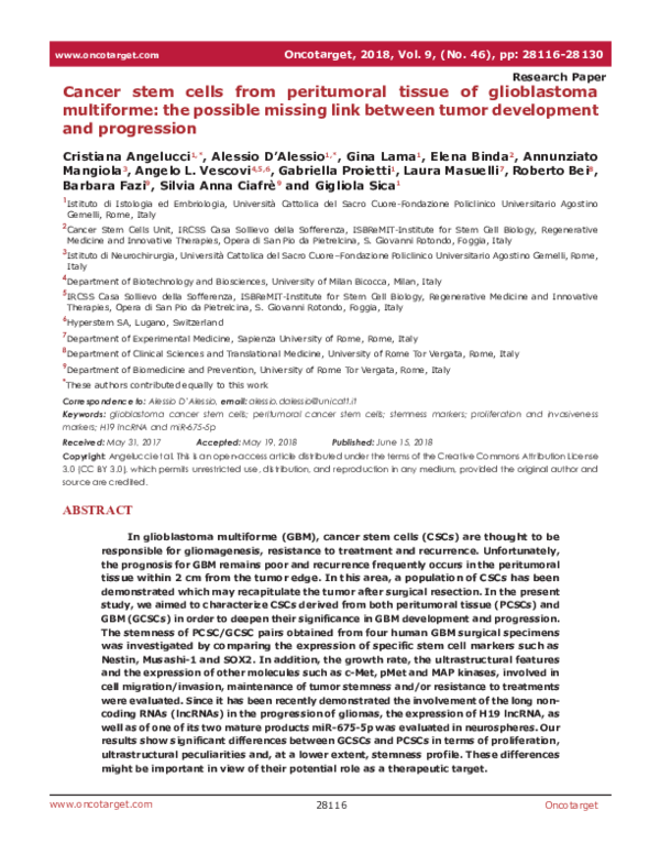 (PDF) Cancer stem cells from peritumoral tissue of glioblastoma ...