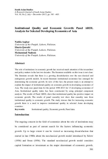 (PDF) Institutional Quality and Economic Growth: Panel ARDL Analysis ...