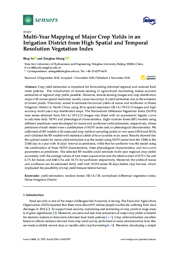 (PDF) Multi-Year Mapping of Major Crop Yields in an Irrigation District ...