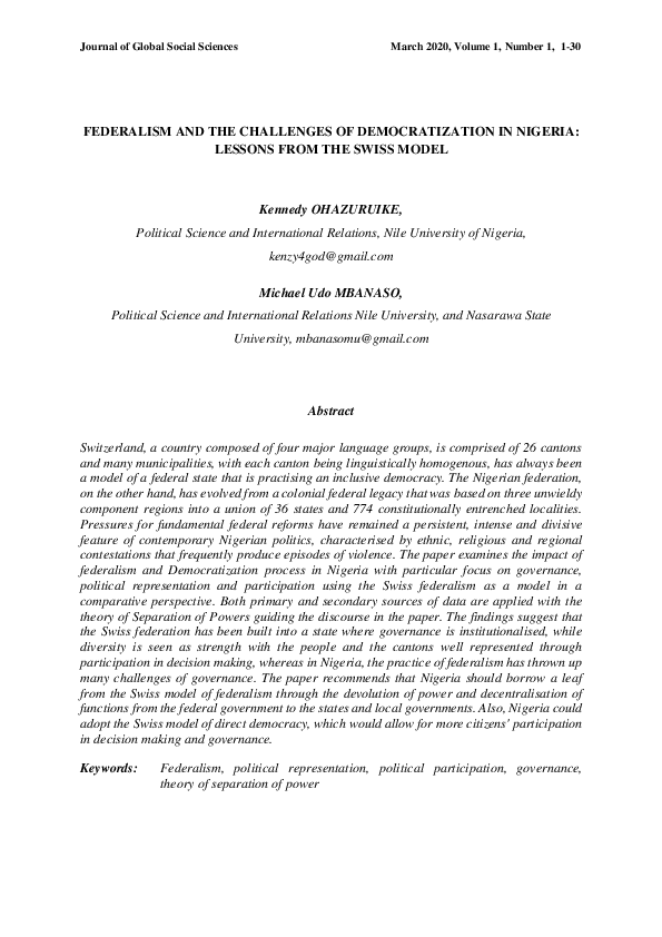 (PDF) Federalism and the Challenges of Democratization in Nigeria ...