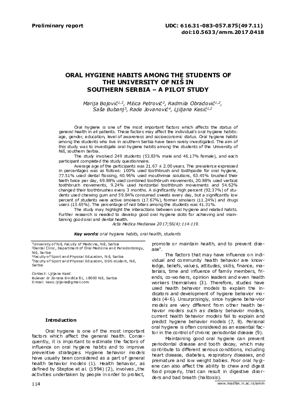 (PDF) Oral Hygiene Habits Among the Students of the University of Niš ...