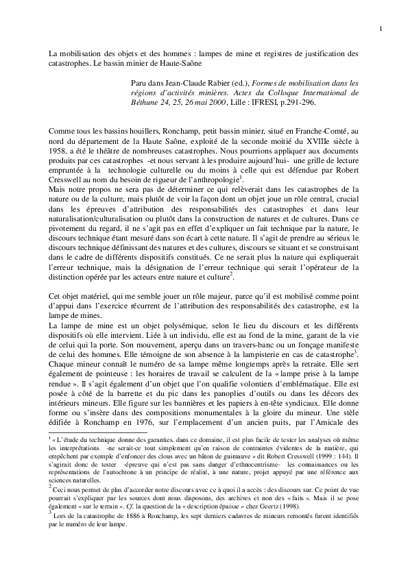(PDF) La mobilisation des objets et des hommes : lampes de mine et ...