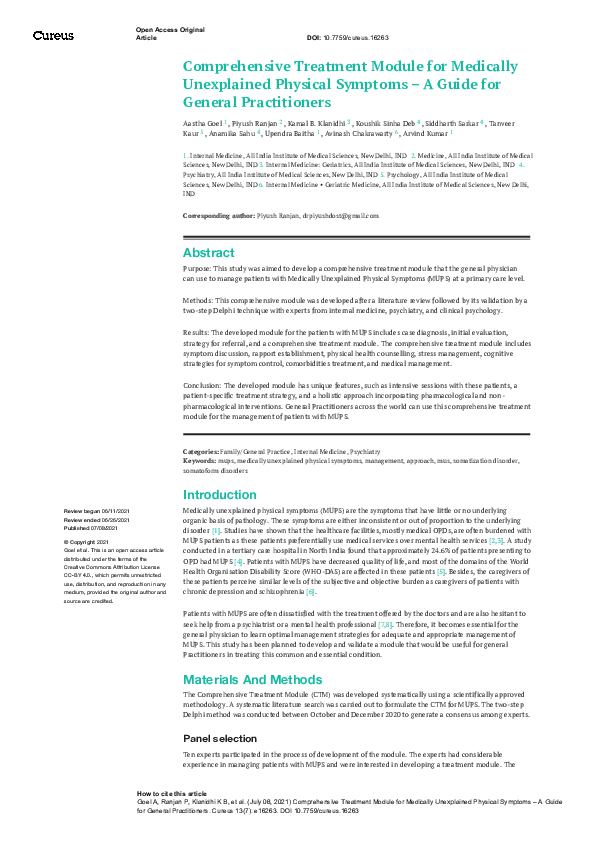 (PDF) Comprehensive Treatment Module for Medically Unexplained Physical ...