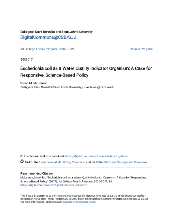 (PDF) Escherichia coli as a Water Quality Indicator Organism A Case