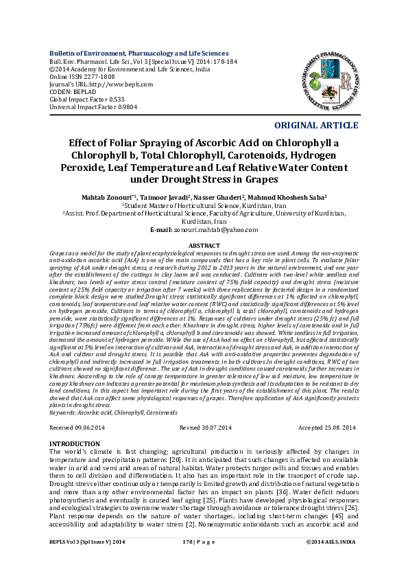 (PDF) Effect of Foliar Spraying of Ascorbic Acid on Chlorophyll a ...