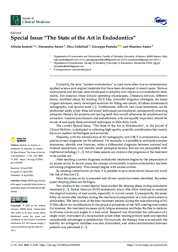 PDF) Special Issue “The State of the Art in Endodontics”