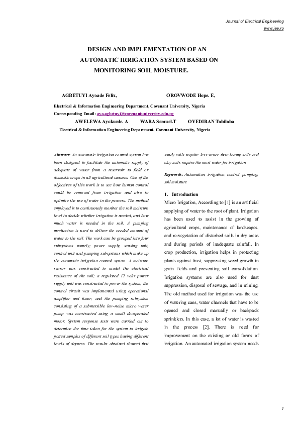 (PDF) Design and Implementation of an Automatic Irrigation System Based