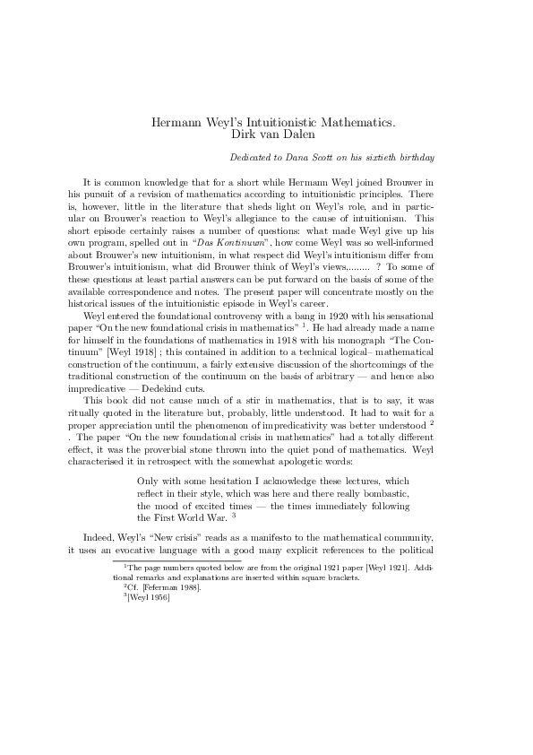 (PDF) Hermann Weyl's Intuitionistic Mathematics