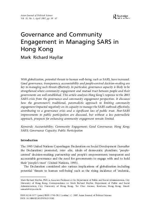 (PDF) Governance and Community Engagement in Managing SARS in Hong Kong
