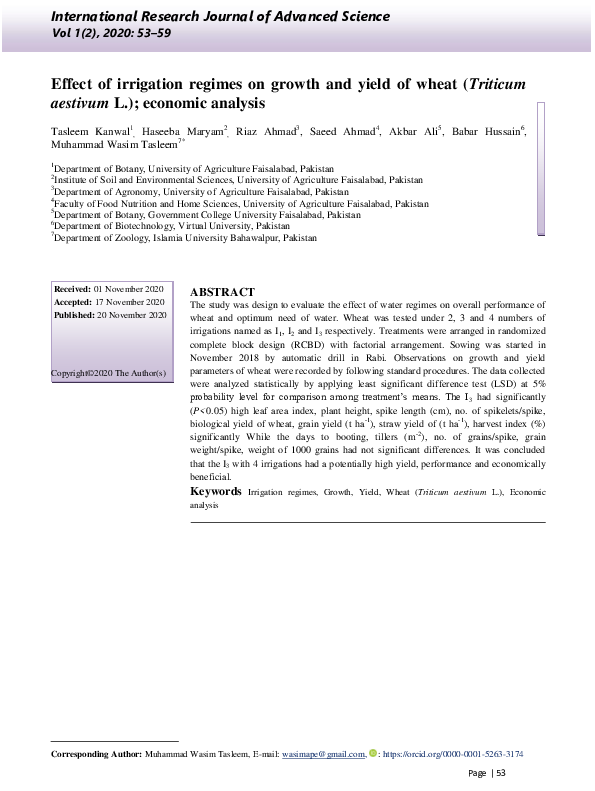(PDF) Effect of irrigation regimes on growth and yield of wheat ...