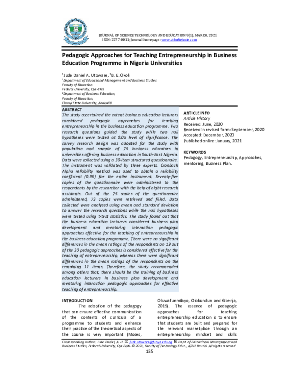 (PDF) Pedagogic Approaches for Teaching Entrepreneurship in Business ...