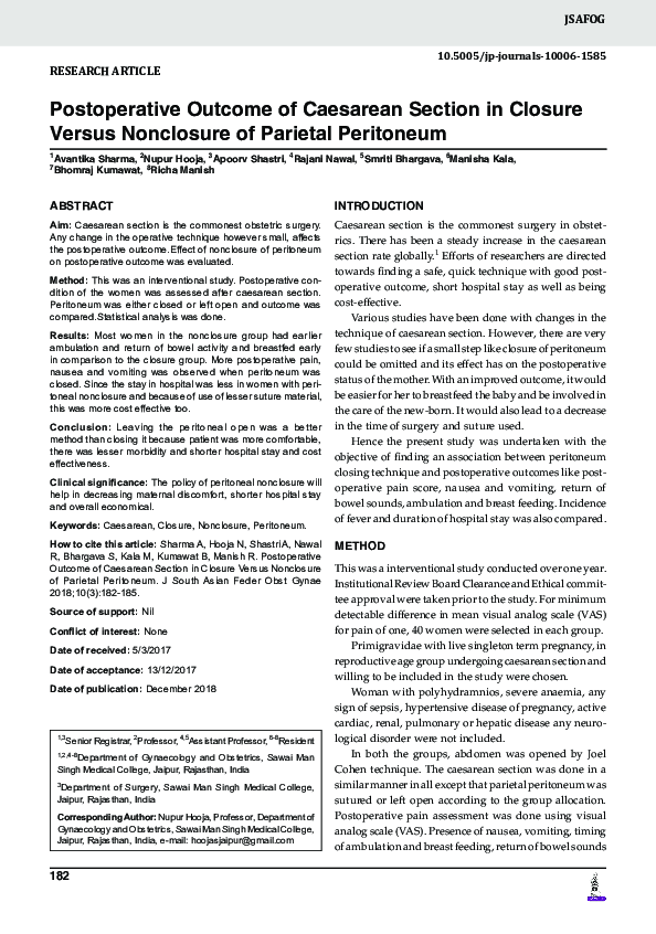 (PDF) Postoperative Outcome of Caesarean Section in Closure Versus ...