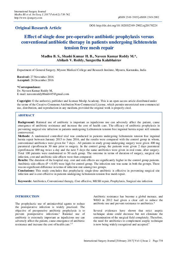(PDF) Effect of single dose pre-operative antibiotic prophylaxis versus ...