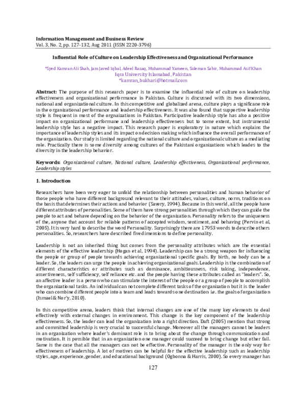 (PDF) Influential Role of Culture on Leadership Effectiveness and ...