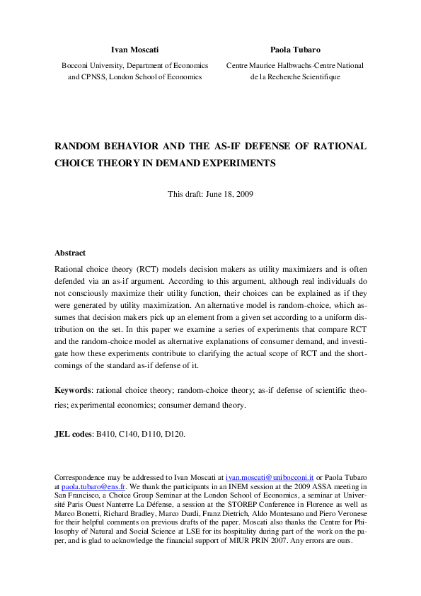 (PDF) Random behavior and the as-if defense of rational choice theory ...