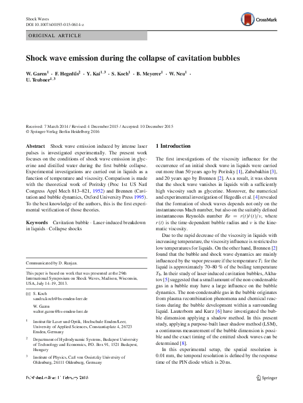 (PDF) Shock wave emission during the collapse of cavitation bubbles
