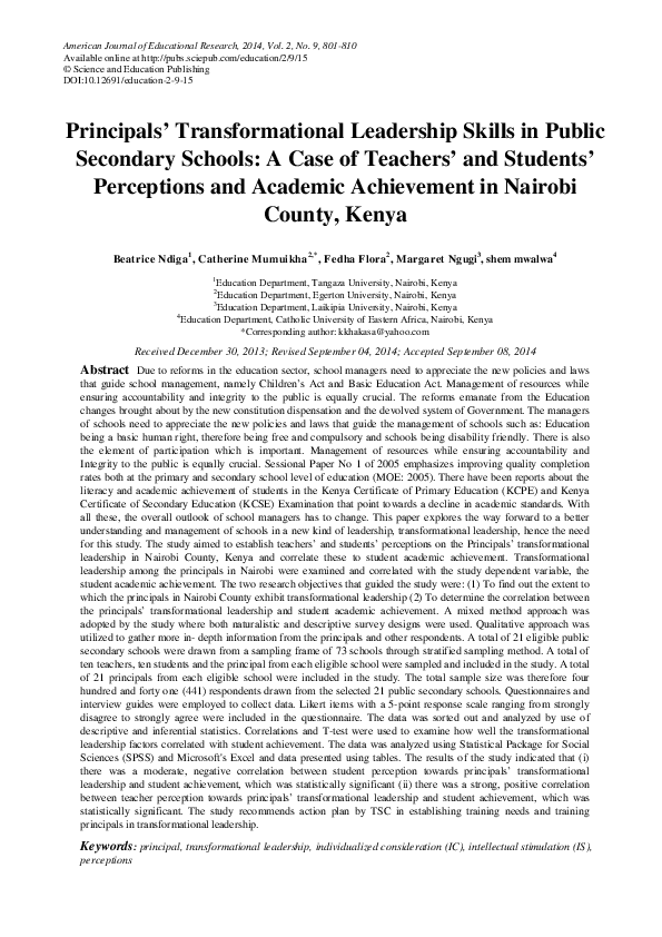 (PDF) Principals’ Transformational Leadership Skills in Public