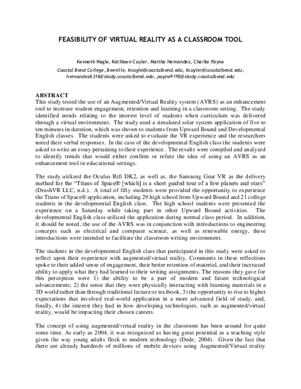 (PDF) Feasibility of Virtual Reality as a Classroom Tool