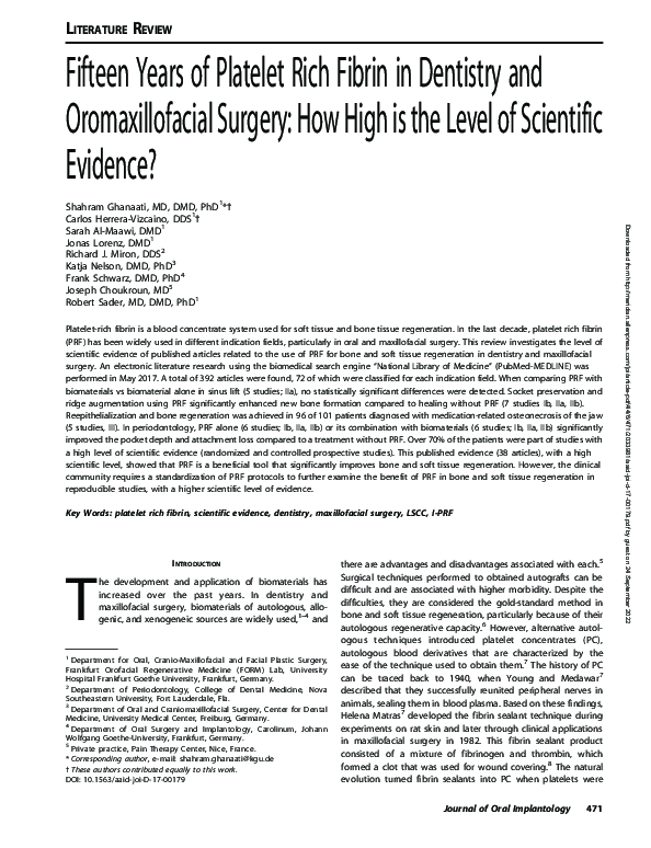 (PDF) Fifteen Years of Platelet Rich Fibrin in Dentistry and ...