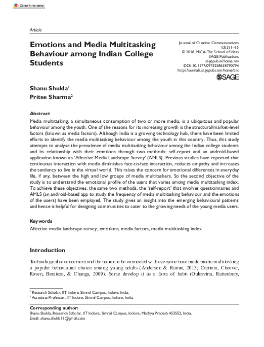 (PDF) Emotions and Media Multitasking Behaviour among Indian College ...