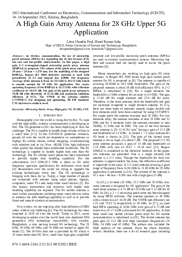 (PDF) A High Gain Array Antenna for 28 GHz Upper 5G Application