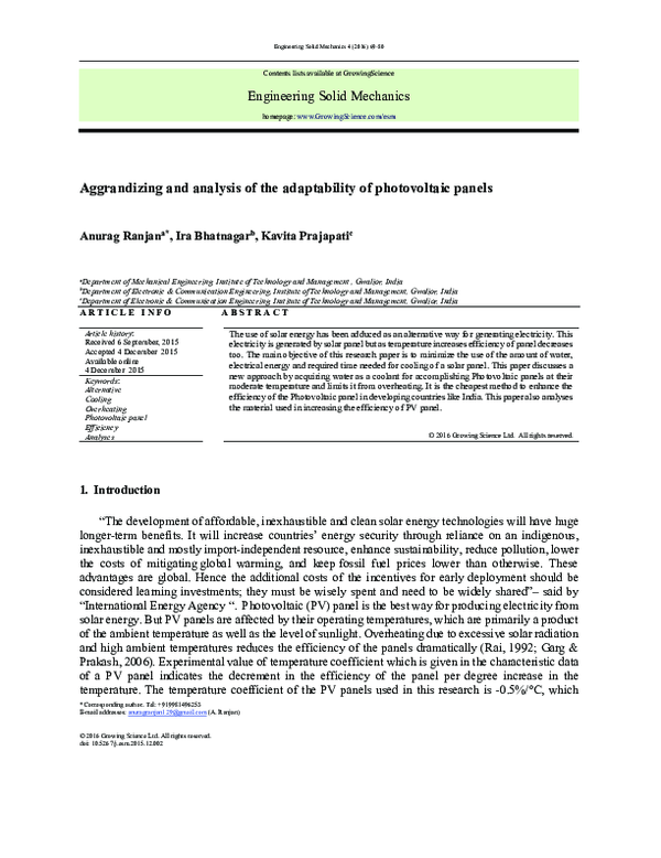 (PDF) Aggrandizing and analysis of the adaptability of photovoltaic panels