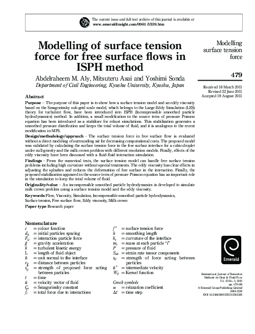 (PDF) Modelling of surface tension force for free surface flows in ISPH ...