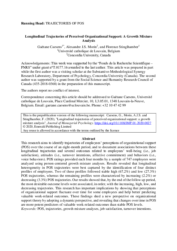 (PDF) Longitudinal trajectories of perceived organizational support: a ...