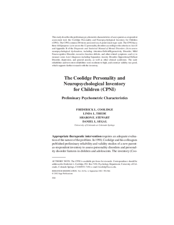 (PDF) The Coolidge Personality and Neuropsychological Inventory for ...