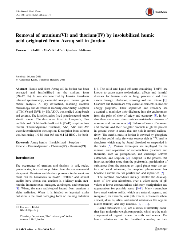 (PDF) Removal of uranium(VI) and thorium(IV) by insolubilized humic ...