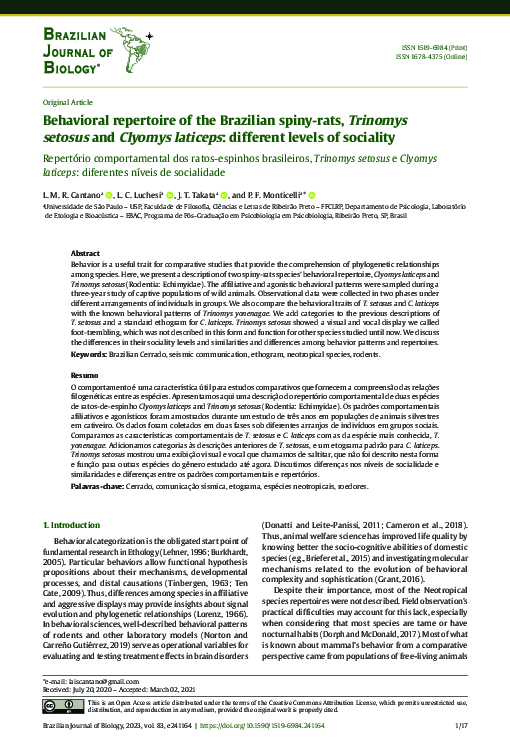 (PDF) Behavioral repertoire of the Brazilian spiny-rats, Trinomys ...