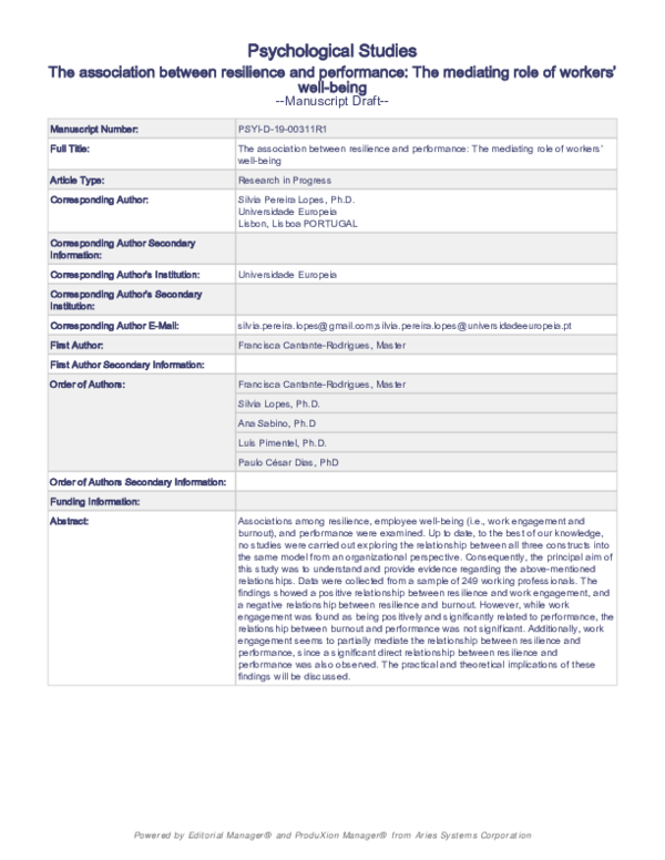 (PDF) The Association Between Resilience and Performance: the Mediating ...