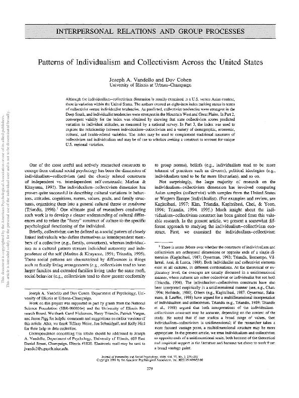 (PDF) Patterns of individualism and collectivism across the United States