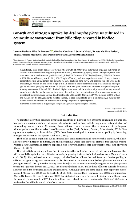 (PDF) Growth and nitrogen uptake by Arthrospira platensis cultured in ...