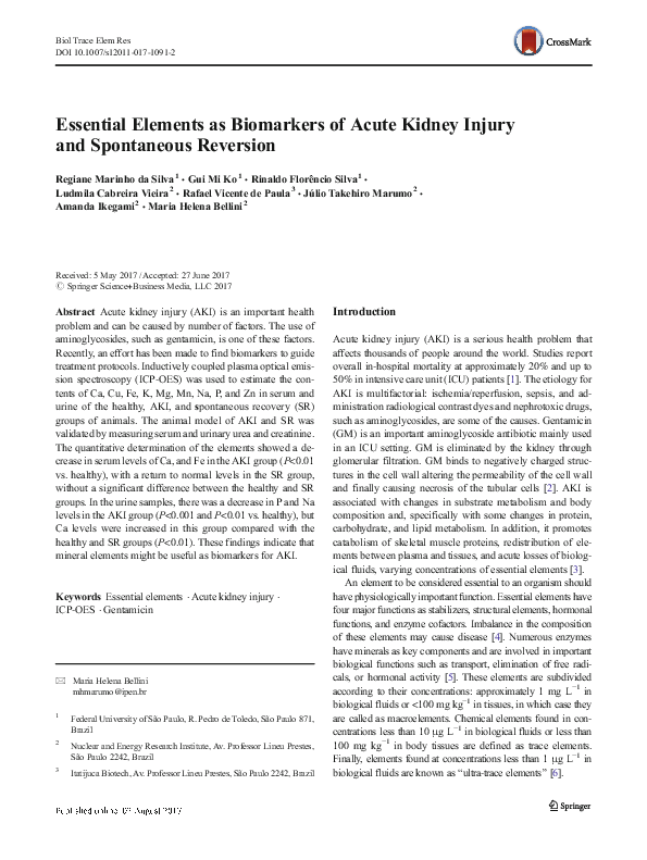(PDF) Essential Elements as Biomarkers of Acute Kidney Injury and ...