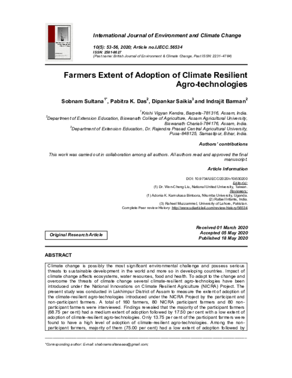 (PDF) Farmers Extent of Adoption of Climate Resilient Agro-technologies
