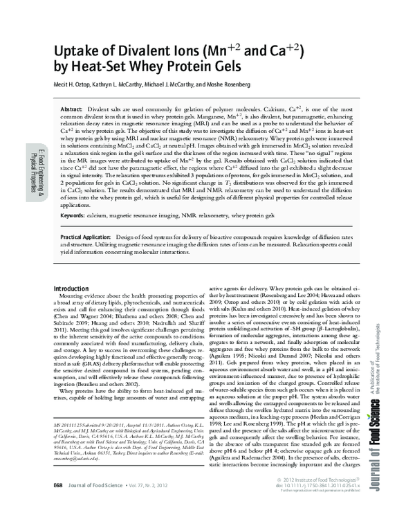 (PDF) Uptake of Divalent Ions (Mn+2 and Ca+2) by Heat-Set Whey Protein Gels