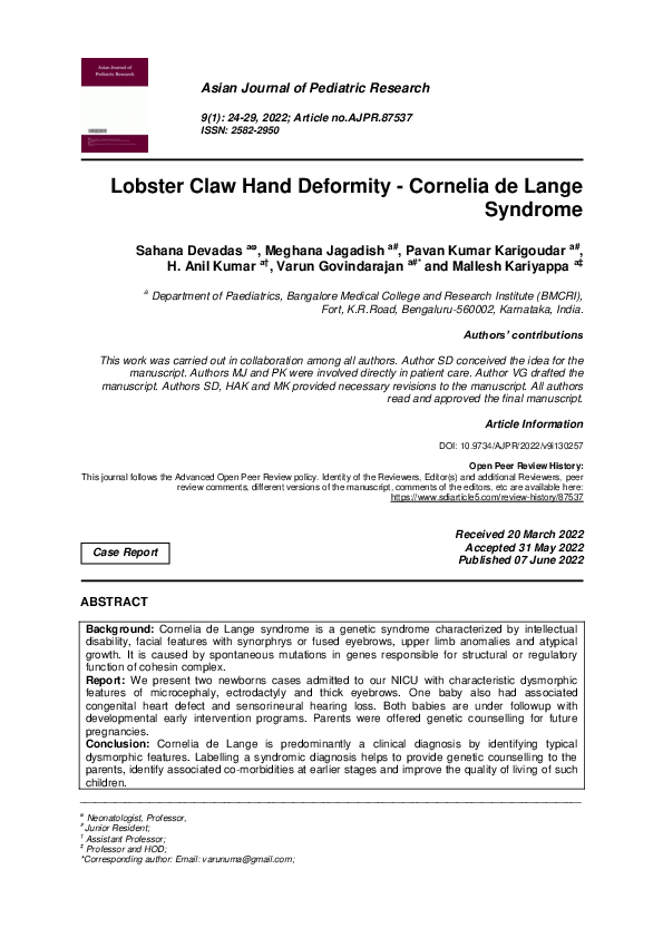 (PDF) Lobster Claw Hand Deformity Cornelia de Lange Syndrome