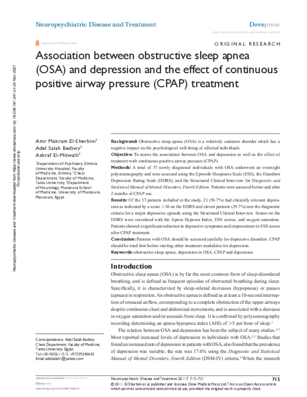 (PDF) Association between obstructive sleep apnea (OSA) and depression ...