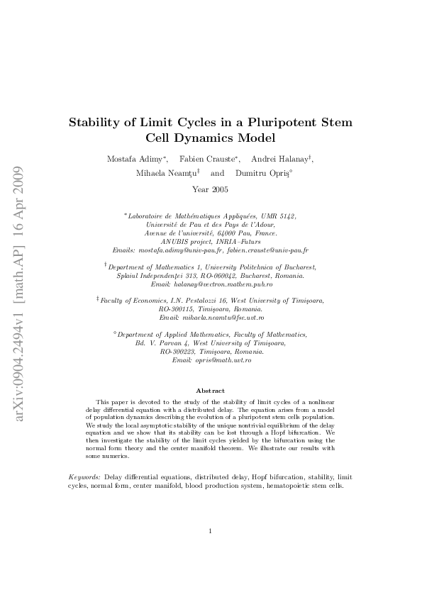 (PDF) Stability of limit cycles in a pluripotent stem cell dynamics model