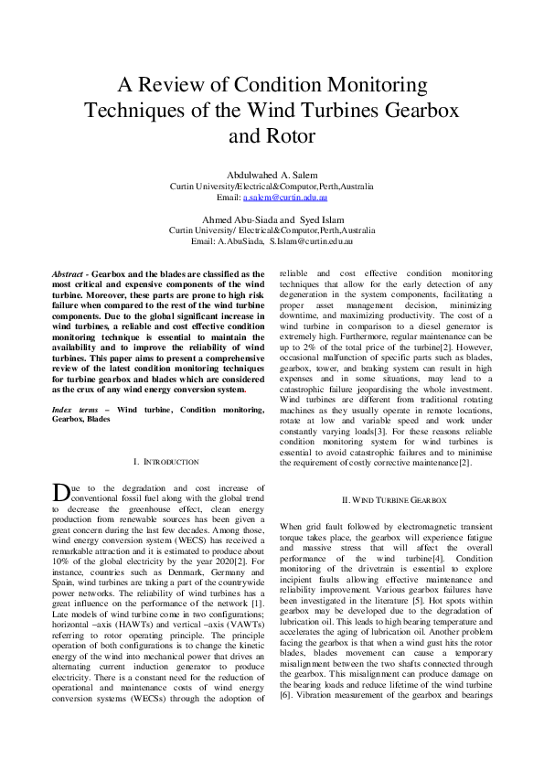 (PDF) Condition Monitoring Techniques of the Wind Turbines Gearbox and ...