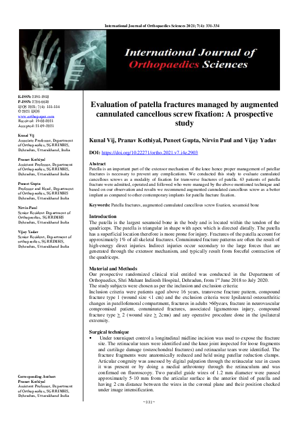 (PDF) Evaluation of patella fractures managed by augmented cannulated ...