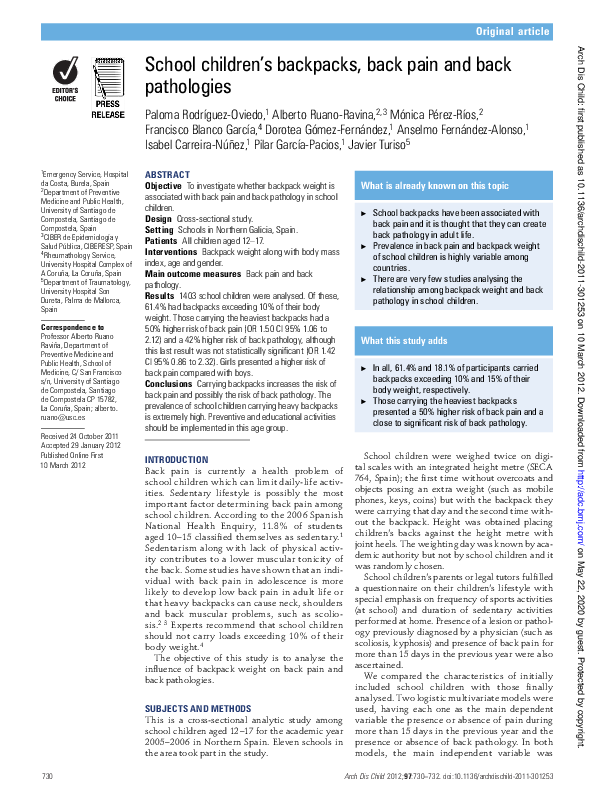 (PDF) School children's backpacks, back pain and back pathologies