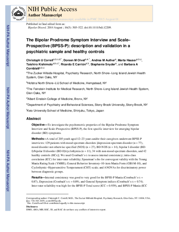 (PDF) The Bipolar Prodrome Symptom Interview and Scale-Prospective ...